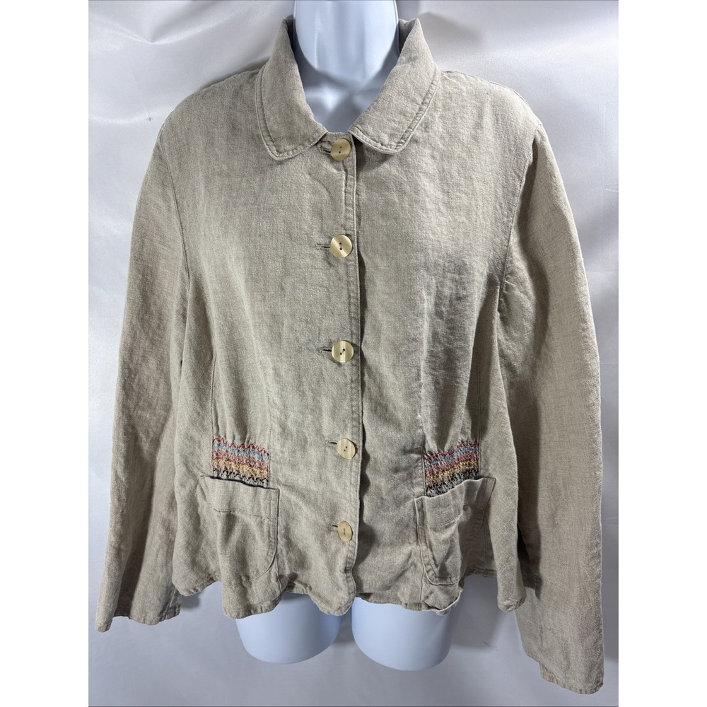 J. Jill Linen Embroidered Blazer Jacket Womens L Beige Smocked Cinched Back Boho - Picture 2 of 8